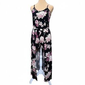 Caution To The Wind Floral Maxi Overlay Romper Black Pink Boho‎ Fall Outfit S
